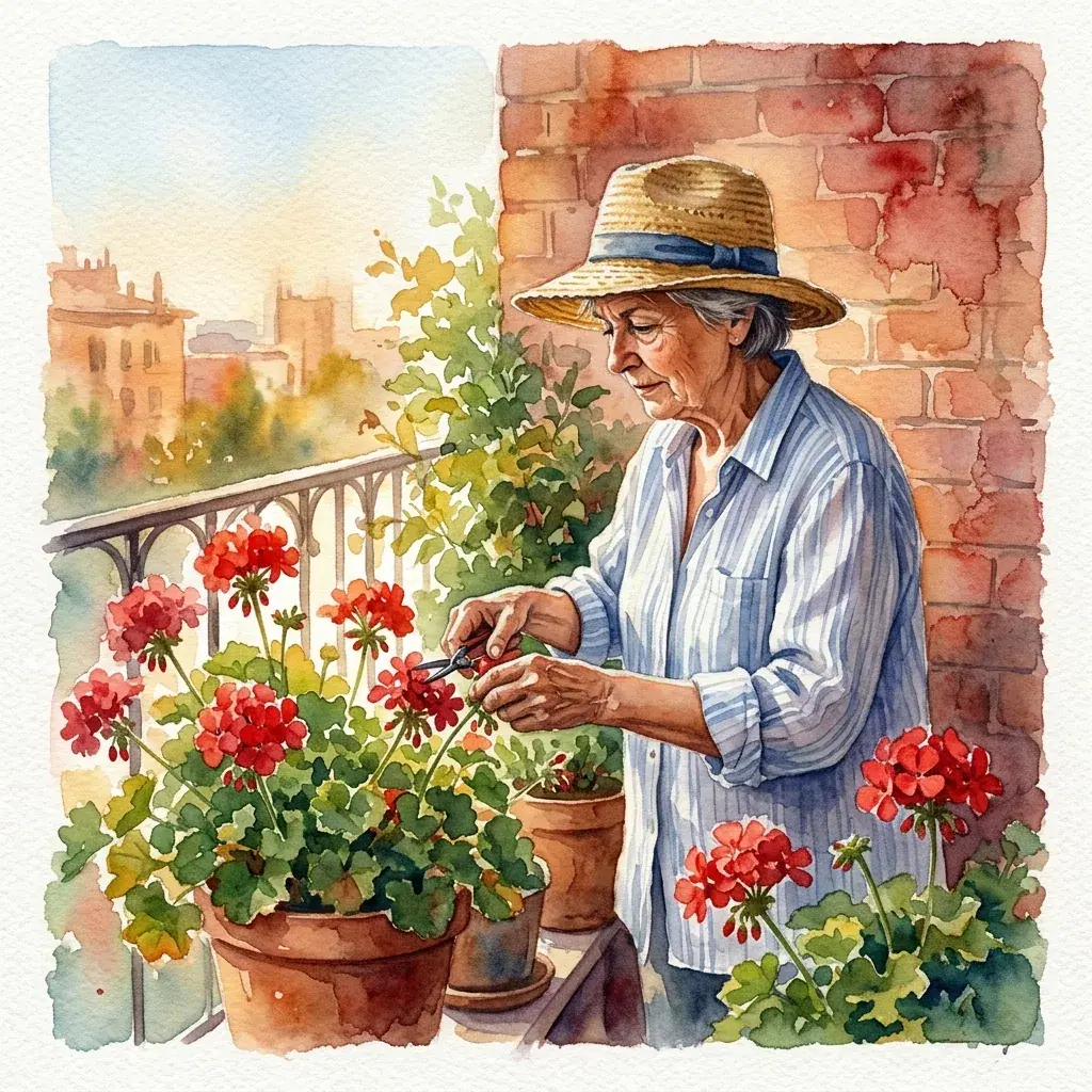 Watercolor painting of a gardener tending red flowers on a sunlit balcony