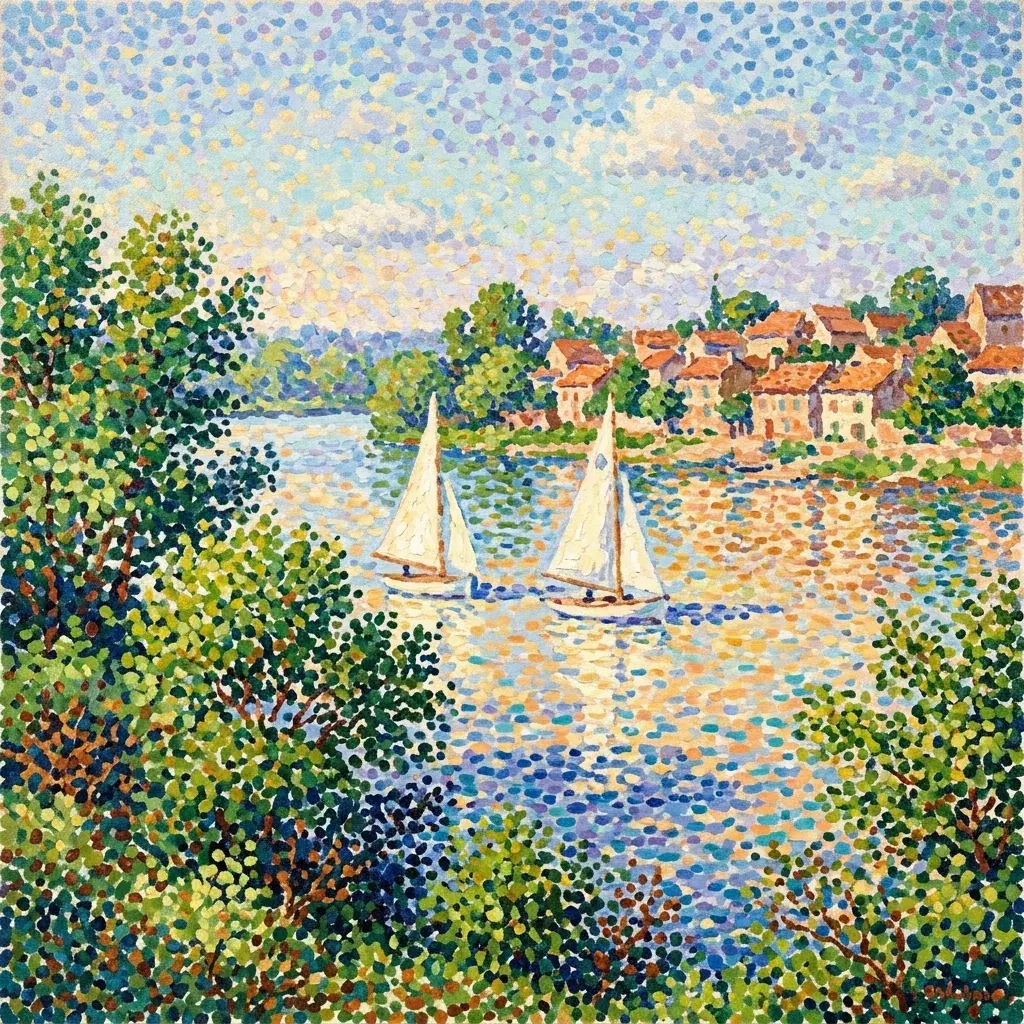 Pointillist painting of white sailboats on a river beside a terracotta-roofed village, with yellow, blue and violet dots in the water