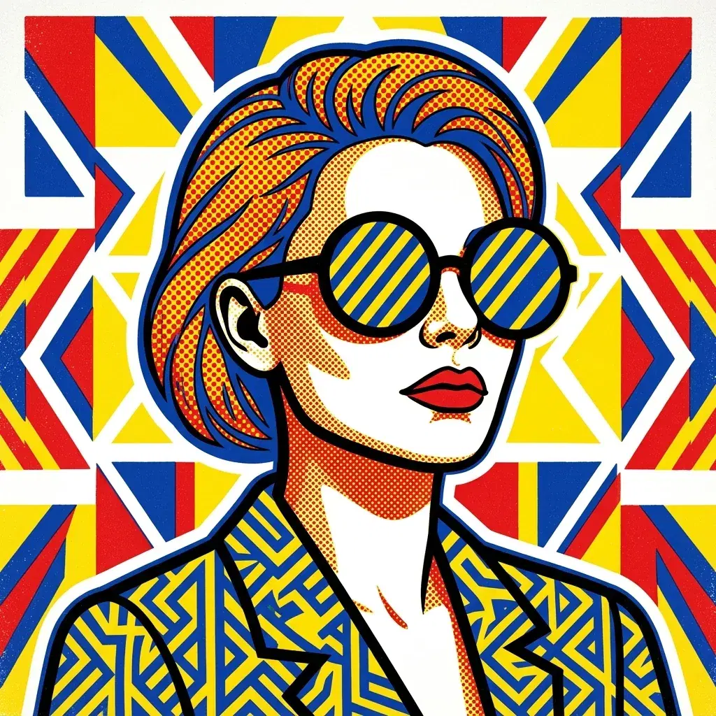 Pop-art portrait of a woman wearing round sunglasses in red, yellow, and blue