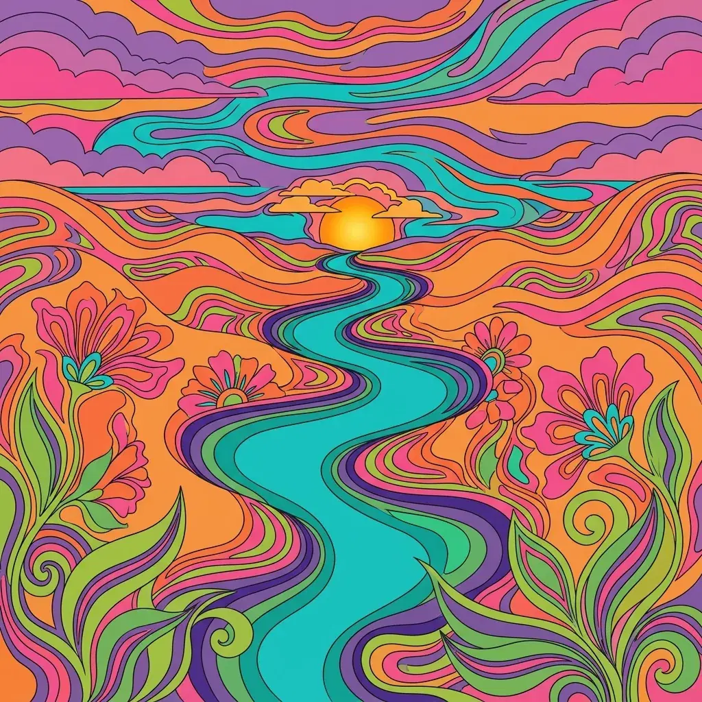 Psychedelic illustration of a turquoise river winding through orange hills and pink flowers beneath a golden sun and flowing violet clouds