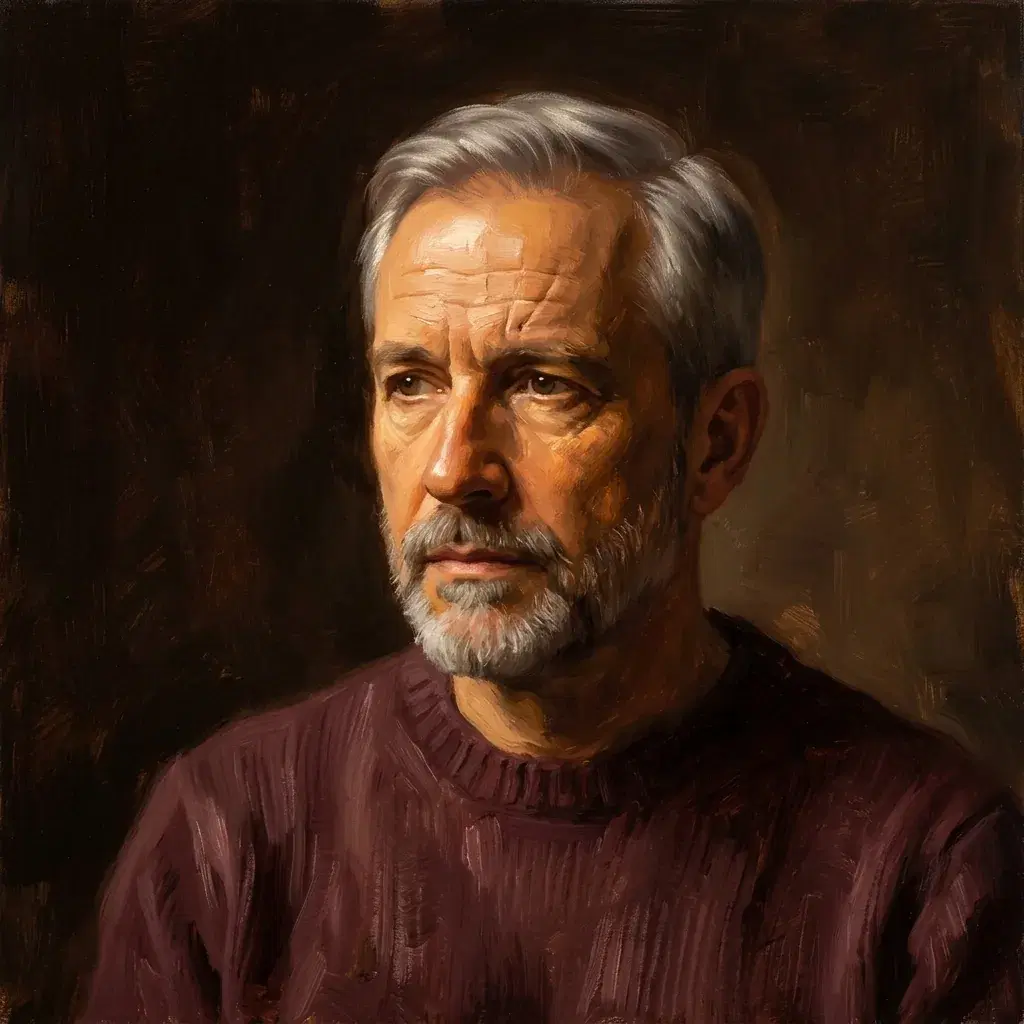 Rembrandt-inspired painted portrait of a silver-haired, bearded man in a burgundy sweater against a dark brown background
