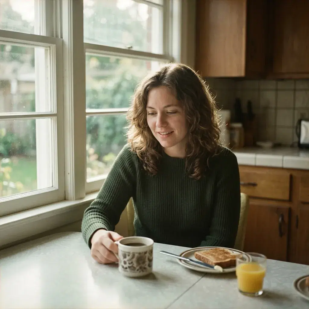 A young woman at a kitchen table by a window with coffee, toast and a glass of juice, the daylight softened by fine film grain and the shadows lifted to a soft charcoal