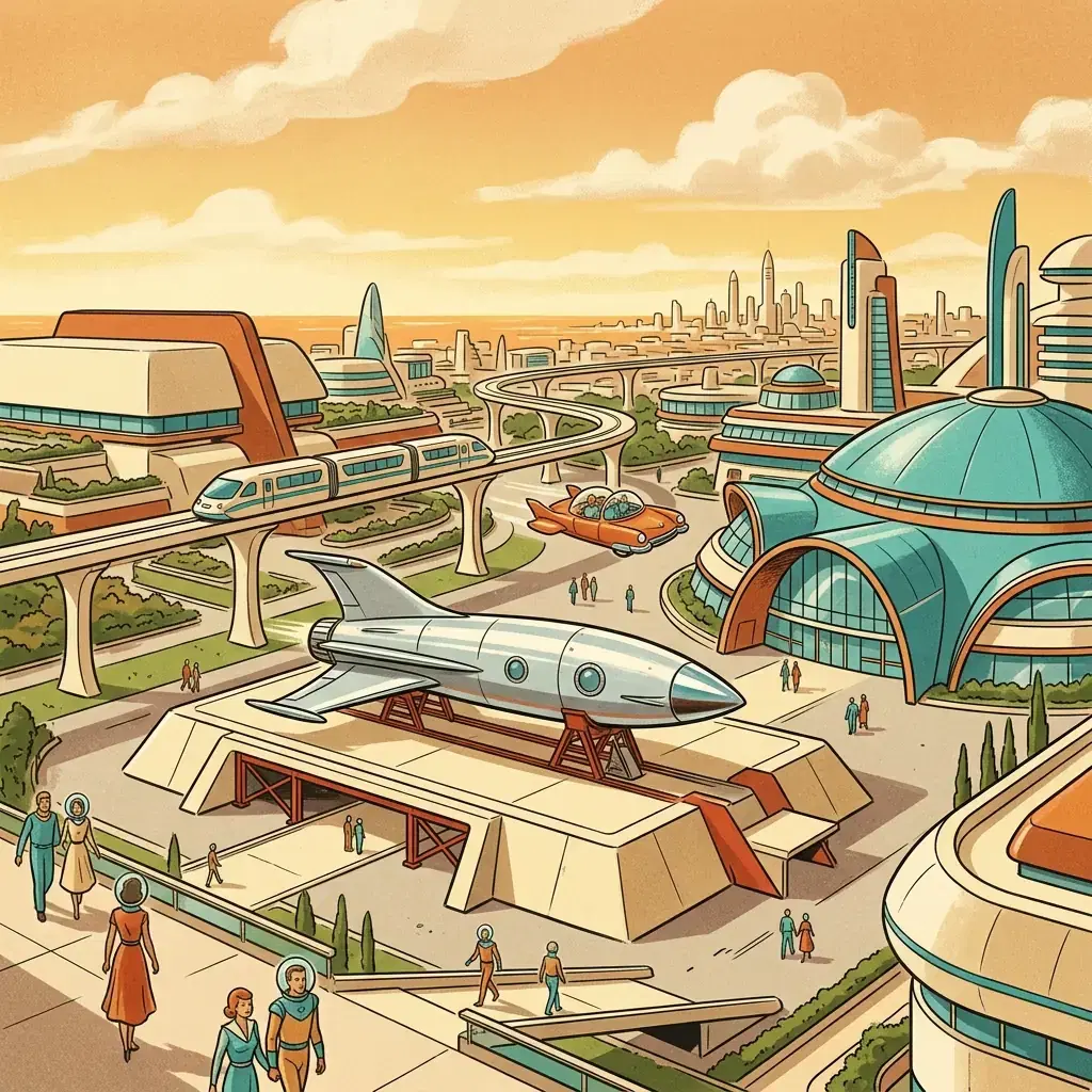 Retro-futurist spaceport with a silver streamlined rocket, turquoise-domed terminal, elevated transit and small flying cars in warm daylight