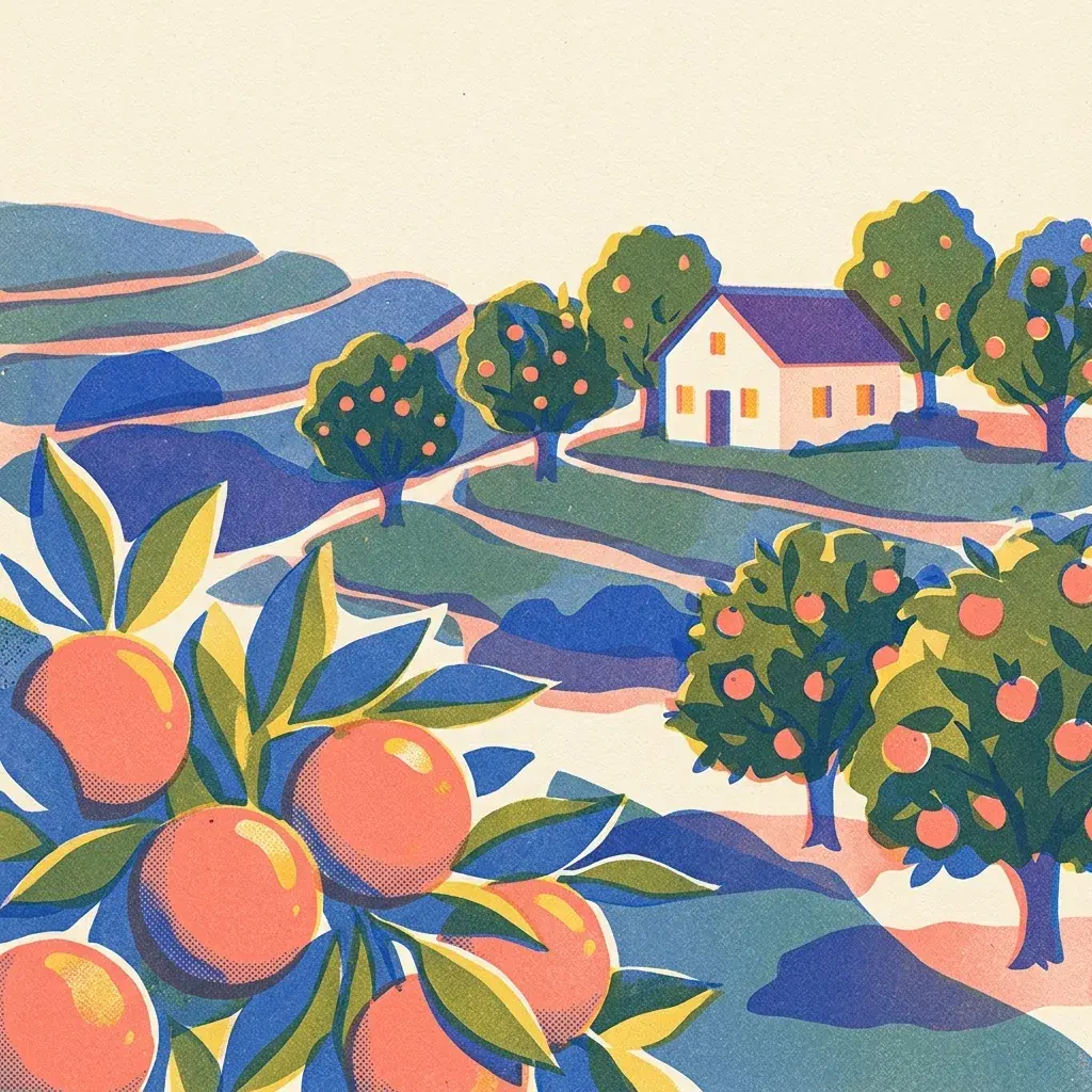Risograph-style orange grove with large oranges in the foreground, a cream farmhouse and grainy coral, blue and yellow-green shapes