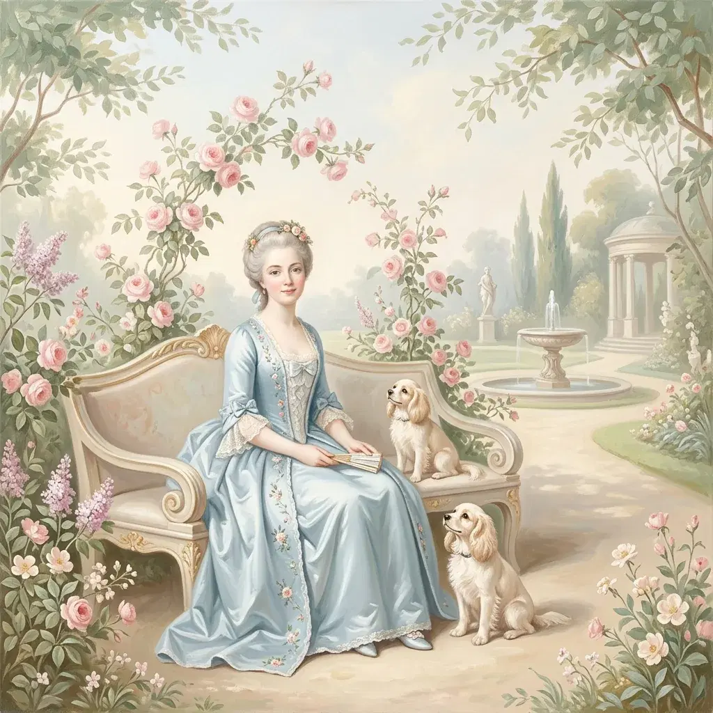 Rococo-style painting of a woman in a pale blue dress on a curved garden bench with roses and two cream spaniels