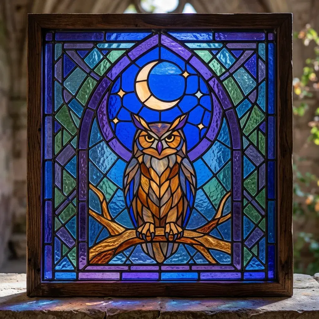 Stained-glass window artwork of an owl beneath a crescent moon