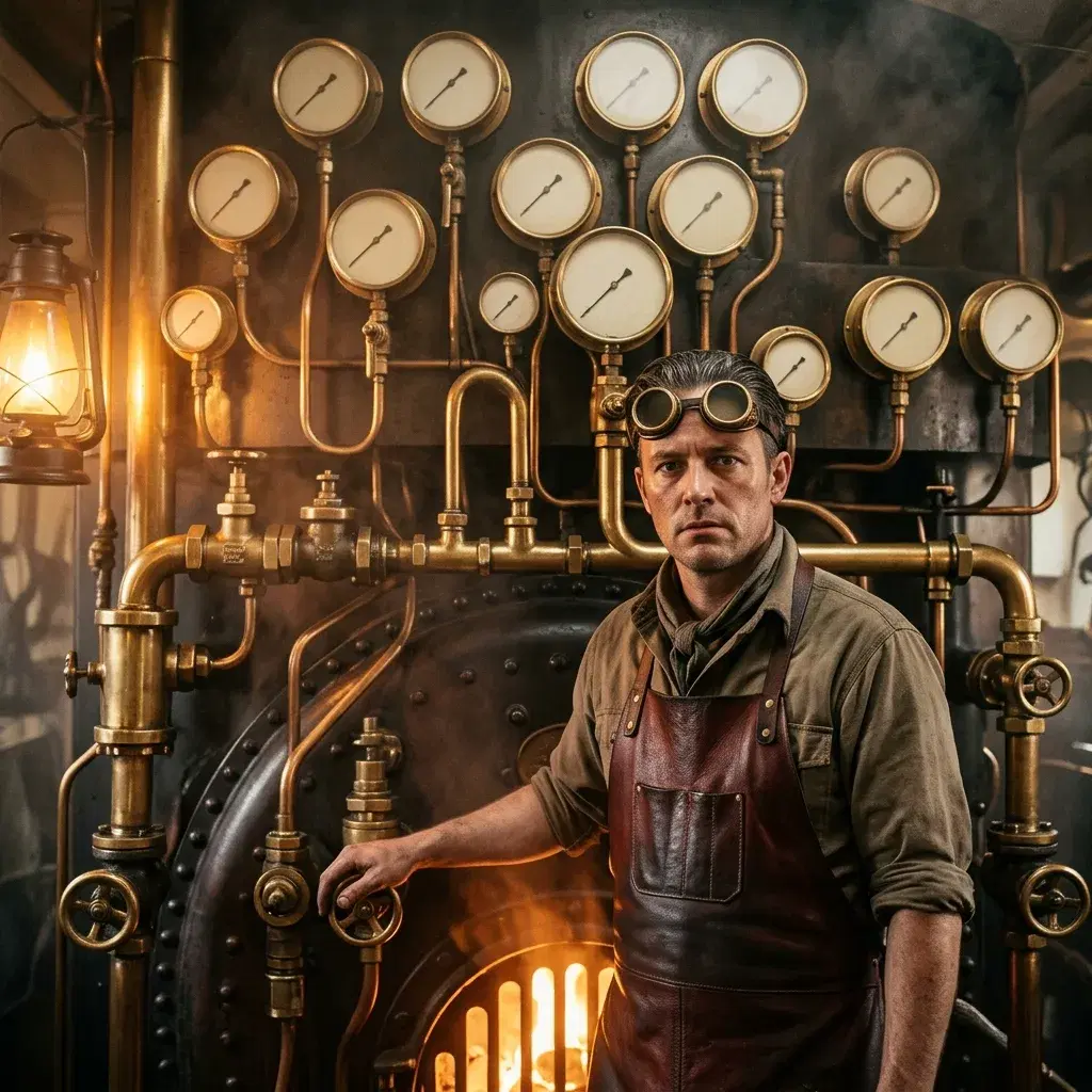 A wall of brass pipework and blank-faced pressure gauges fills the upper half of the frame; below it a man in a leather apron, brass-framed goggles pushed up on his brow, stands beside a lit boiler in warm amber light with steam drifting past dark iron.