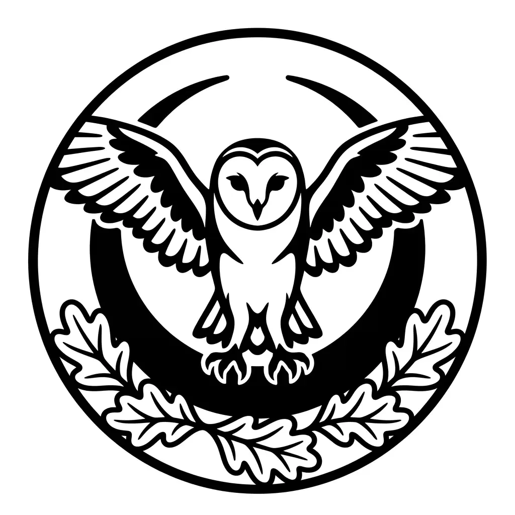 Front-facing barn owl with half-spread wings inside a crescent moon and oak leaves, rendered as bold black-and-white stencil art