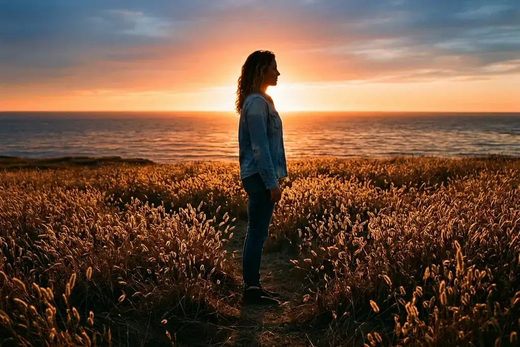 A woman in a light denim shirt standing side-on in a wide field of dry knee-high grass by the sea, the sun low on the horizon directly behind her so her hair and shoulders are outlined in warm orange light, the seed heads between her and the camera lit from behind and glowing along their edges against a sky fading from orange to blue