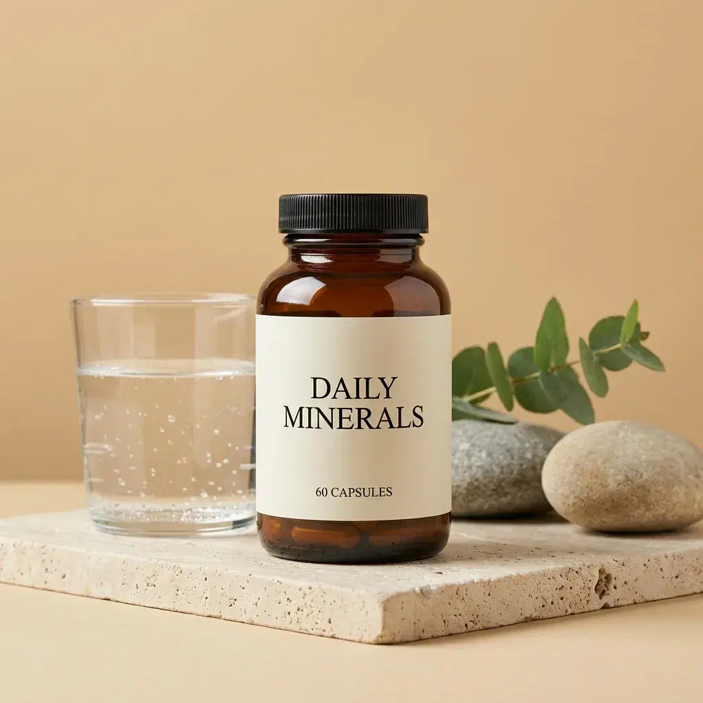 Amber supplement bottle on pale travertine beside water, stones, and eucalyptus