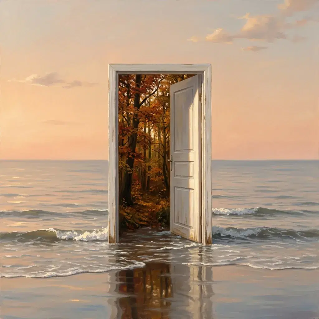 Surreal painting of a white doorway standing in shallow blue water with an autumn forest visible through the opening