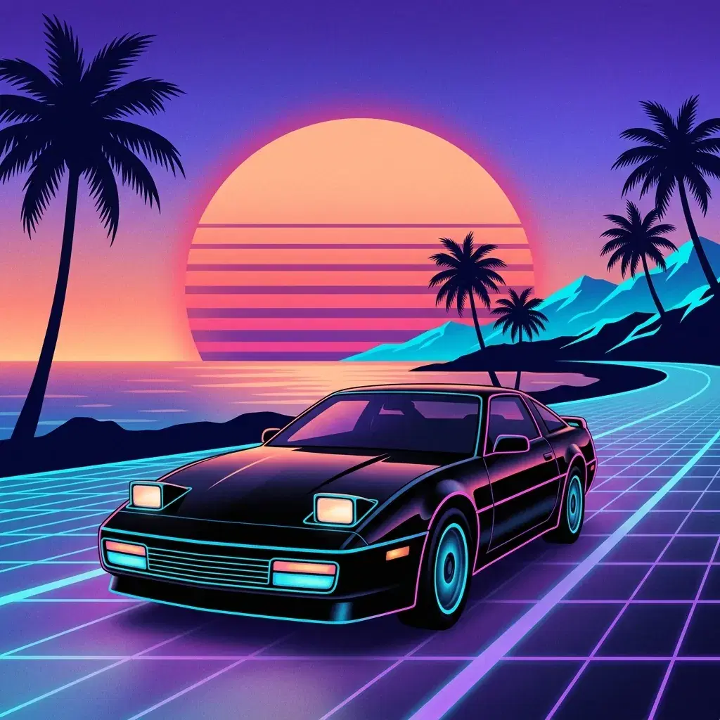 Synthwave illustration of a black retro sports coupe on a cyan and violet coastal highway with palms and a large peach striped sunset