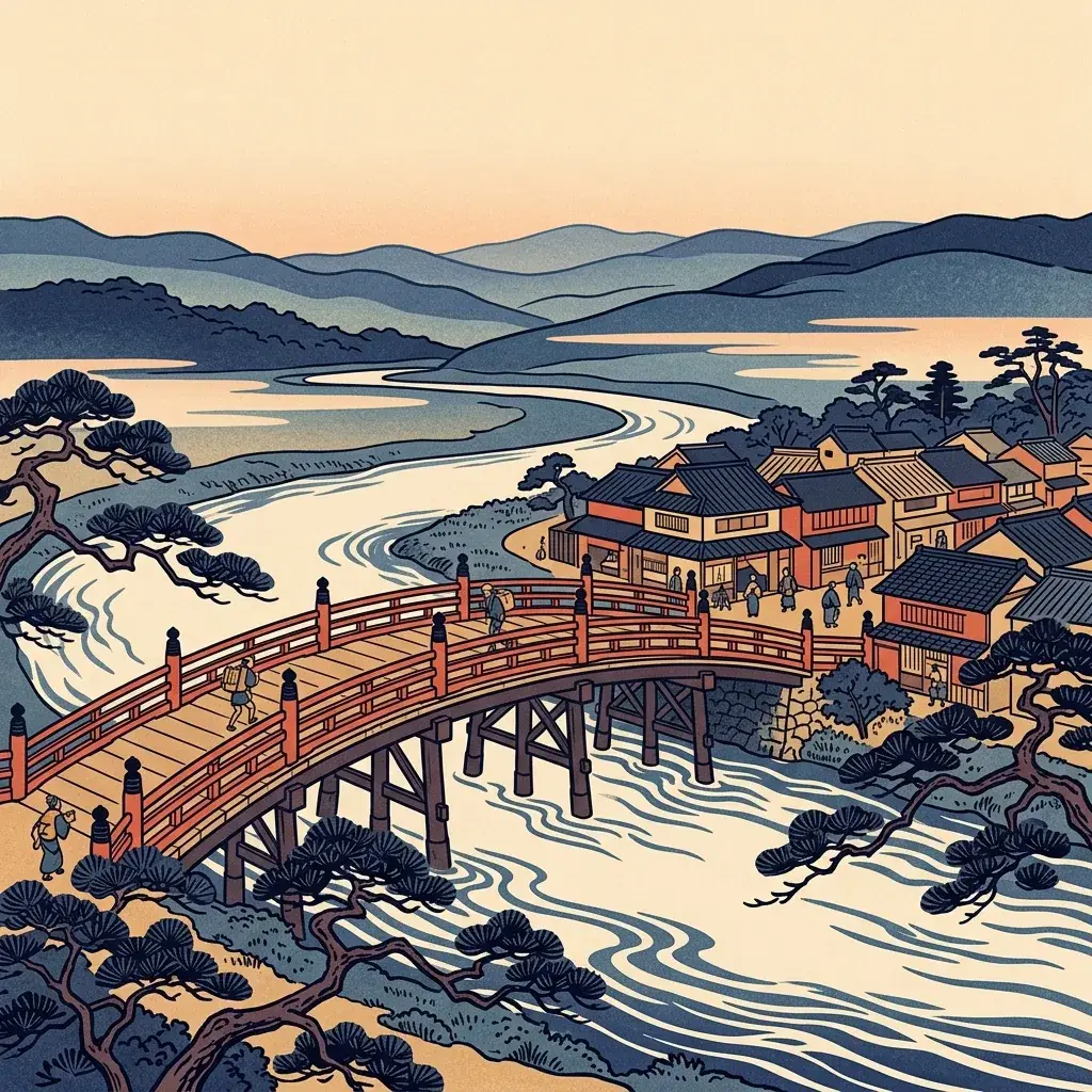 Ukiyo-e style scene of a red wooden bridge crossing a winding river beside village houses, dark pines and layered blue hills