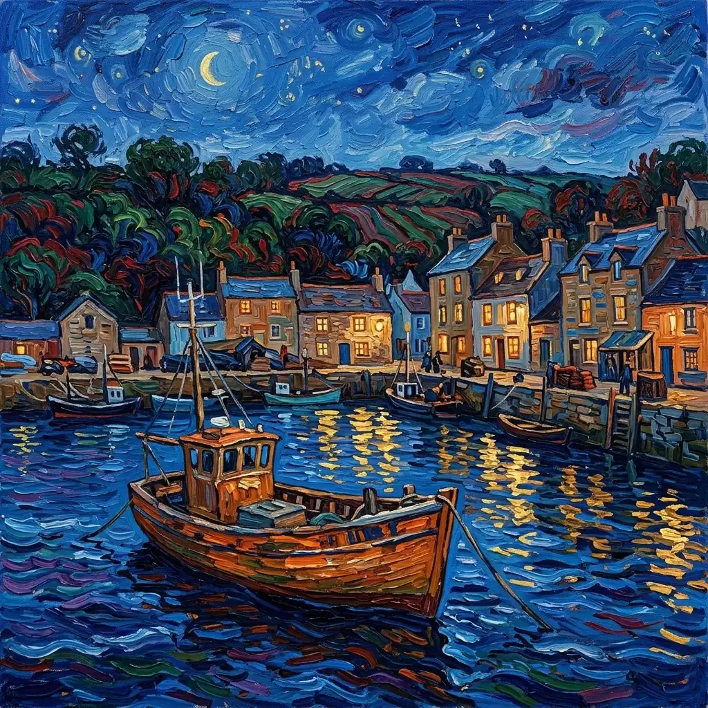 Van Gogh-inspired harbour scene with an orange fishing boat, warm waterfront windows and directional strokes of blue and gold across the water
